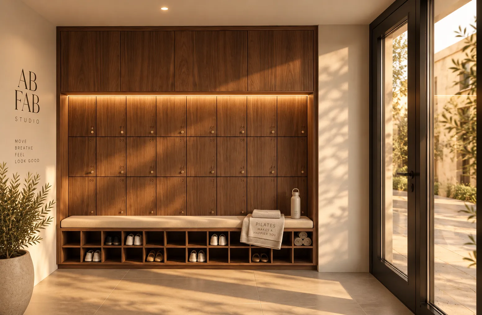 Lockers and bench at the entrance